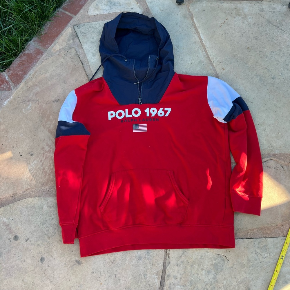 Polo Ralph Lauren Men's Red Multi Polo 1967 Fleece 1/4 Zip Pullover Hoodie